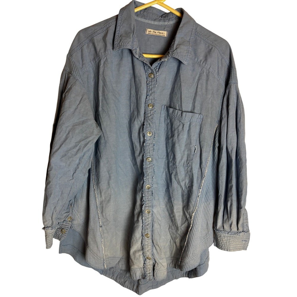 Free People Blue Distressed Waffle Knit Cotton Button Down Shirt Women Medium